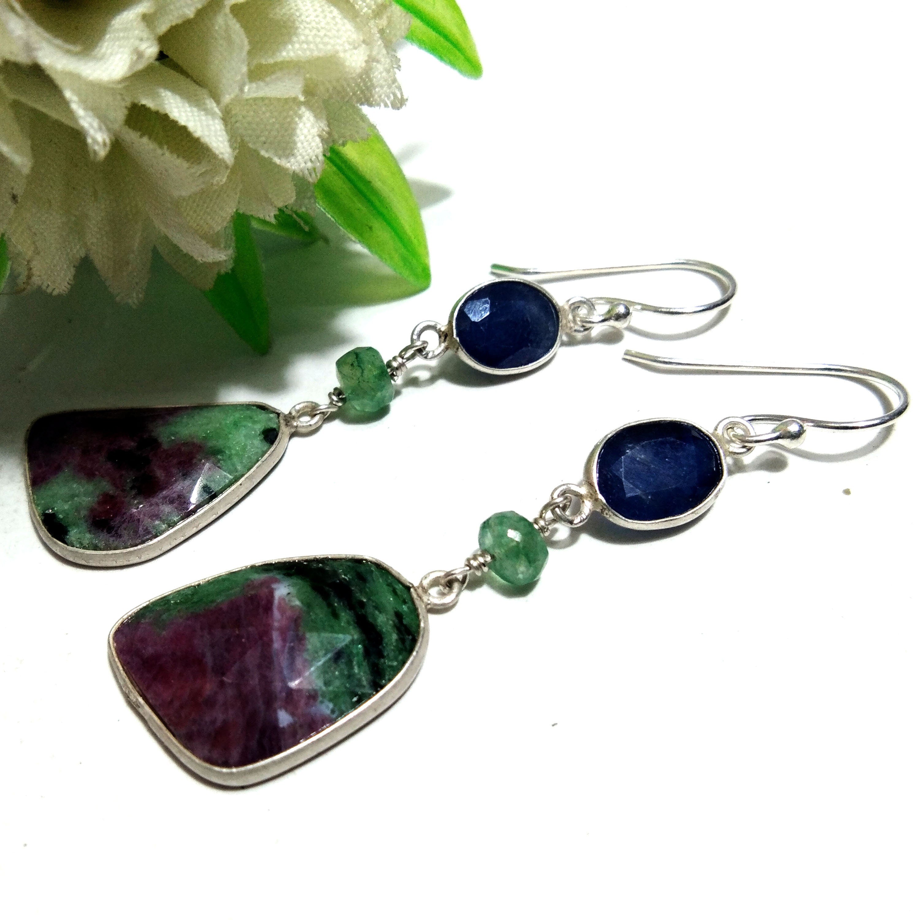 Ruby Zoisite & Blue Sapphire Earring, Amazing Design Bezel Stylish Earring,925 Starling Silver With Natural Gemstone Earring For Girls/Women